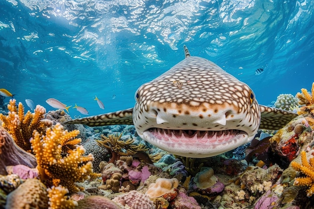 Un pez grande con la boca abierta nadando sobre un arrecife de coral