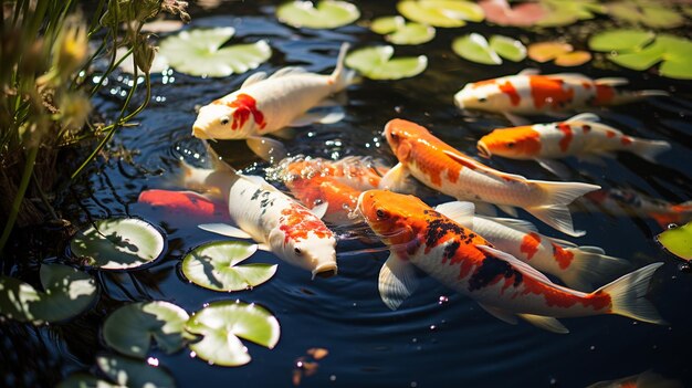 Pez Koi y flor en el estanque con luz solar foto de stock Generar IA