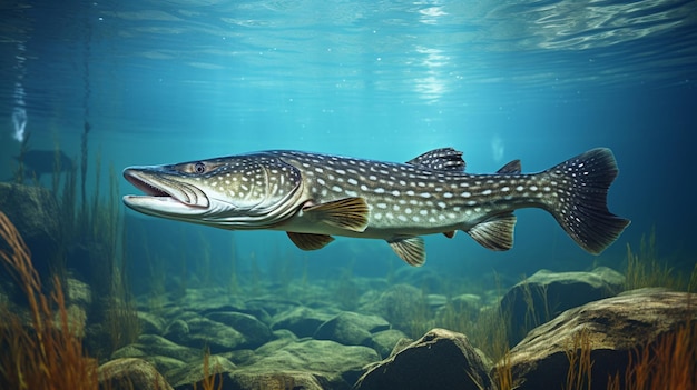 El pez lucio de Amur nadando en el mar bajo el agua imagen generada por IA Imagen