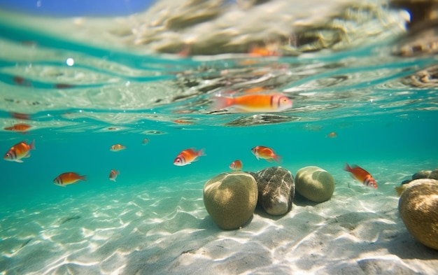 Un pez nada bajo el agua con rocas en el fondo.