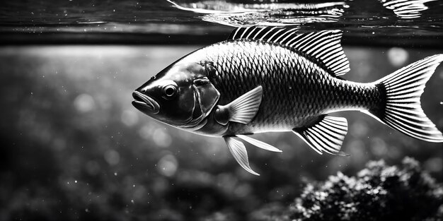 Foto el pez nada en blanco y negro.