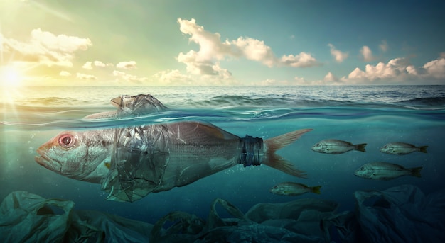 El pez nada entre la contaminación plástica del océano. Concepto de medio ambiente