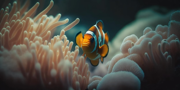Un pez nada junto a un arrecife de coral.