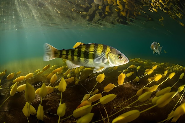 Un pez nada bajo un mar de peces.