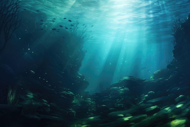 un pez nada bajo un océano azul con el sol brillando a través del agua.