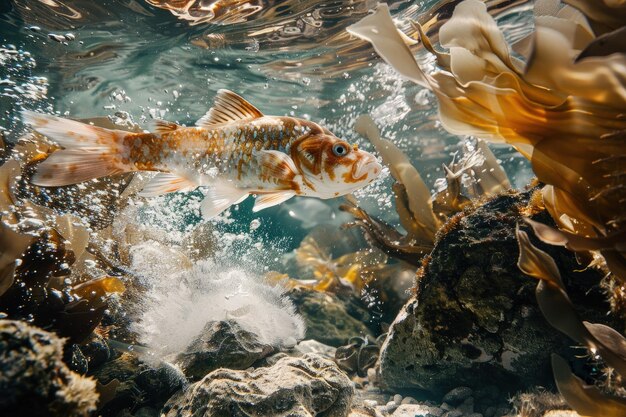 Un pez nadando en el agua cerca de algunas rocas