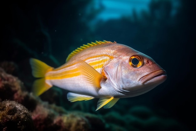 Un pez con un ojo amarillo está nadando en el agua.