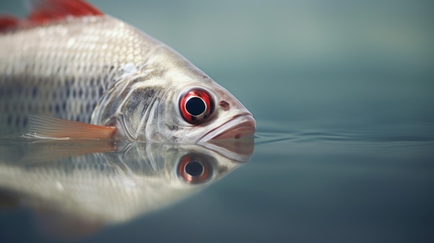 Un pez con ojos rojos está flotando en la superficie del agua.