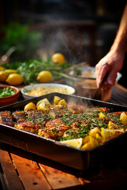 Foto pez a la parrilla con limón y hierbas