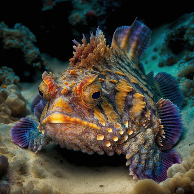 Un pez con un patrón azul y naranja en su cuerpo está rodeado de agua.