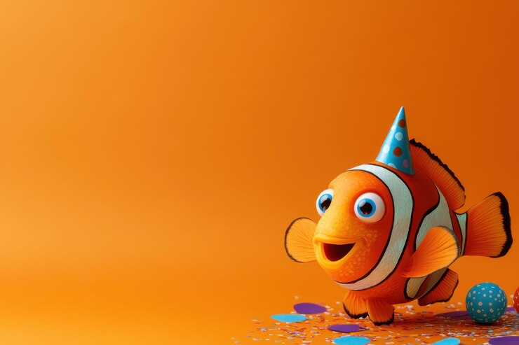 Pez payaso en 3D con sombrero de fiesta y confeti celebrando cumpleaños contra un telón de fondo naranja vibrante