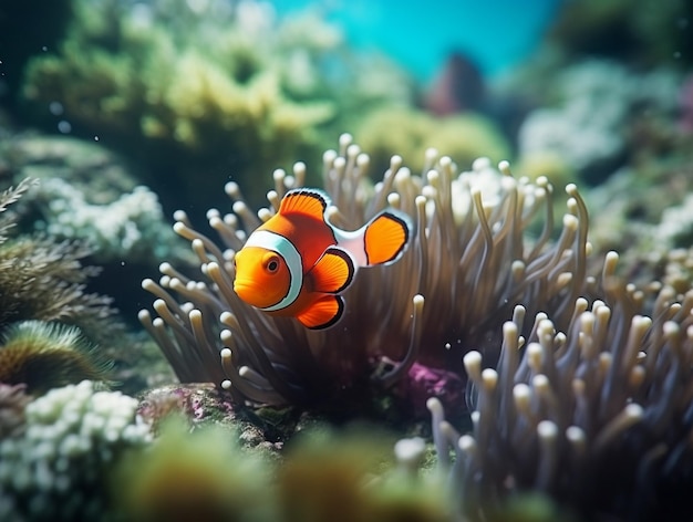 El pez payaso en el acuario con plantas y piedras.