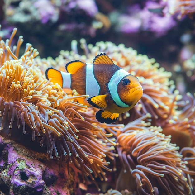 un pez payaso está en un coral con un pez de rayas naranja y blanca