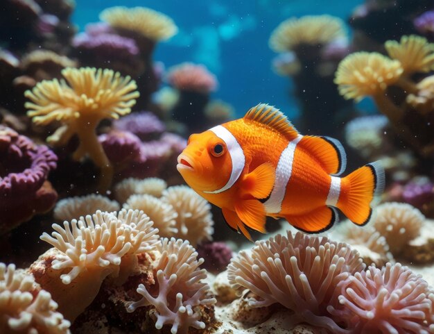 un pez payaso está rodeado de coral y esponjas