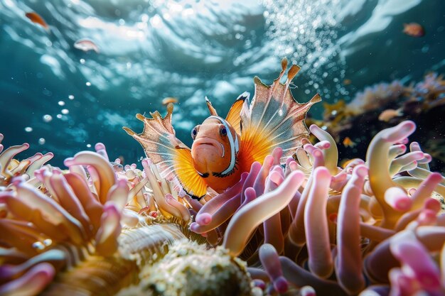 Un pez payaso naranja y blanco nadando en el océano