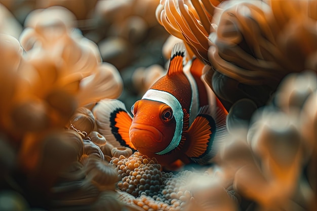 Un pez payaso naranja con una franja blanca en la cabeza