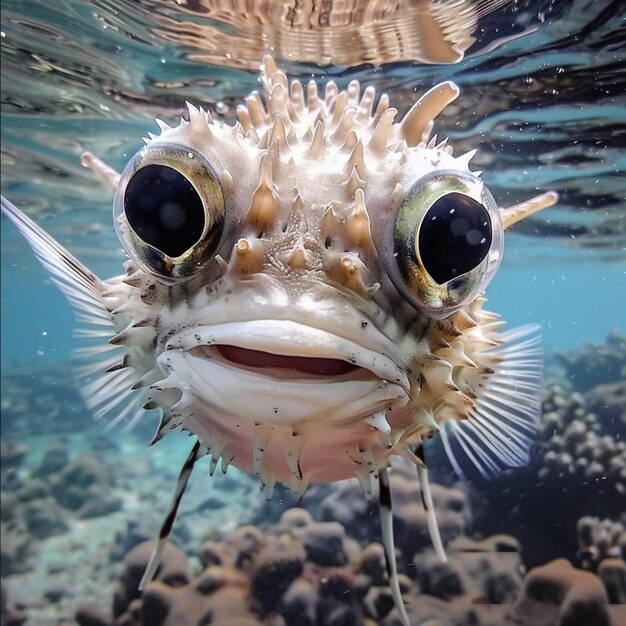 Foto el pez puercoespín sonríe a la cámara bajo el agua con grandes ojos