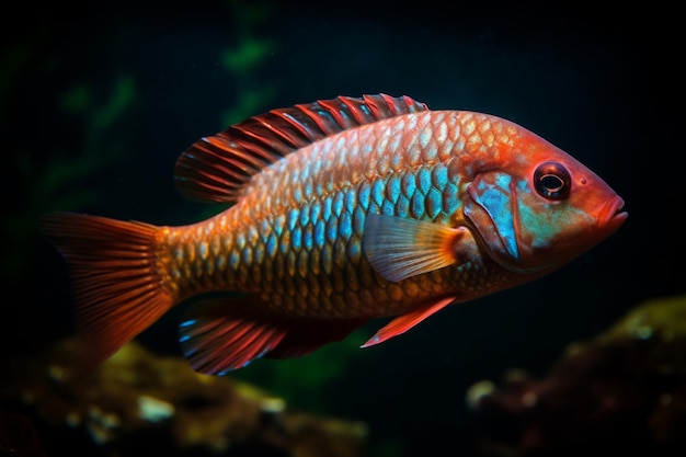 Un pez rojo y azul brillante con una cola azul y una raya verde.