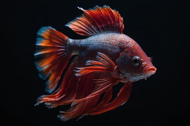 Foto un pez rojo con una cola azul y naranja se refleja en un fondo negro