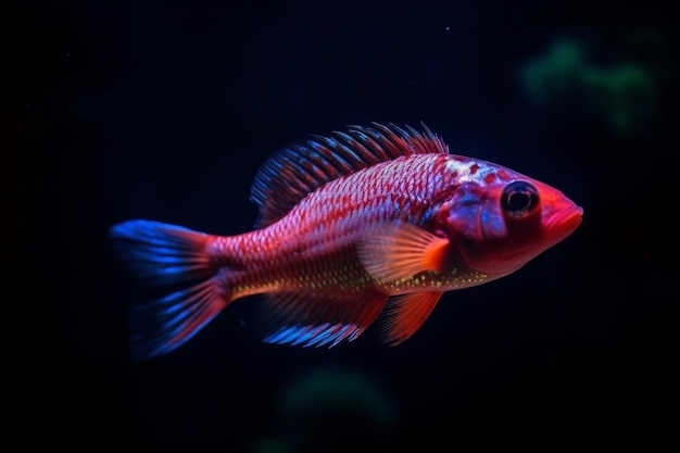 Un pez rojo con cola azul y roja y cola azul.