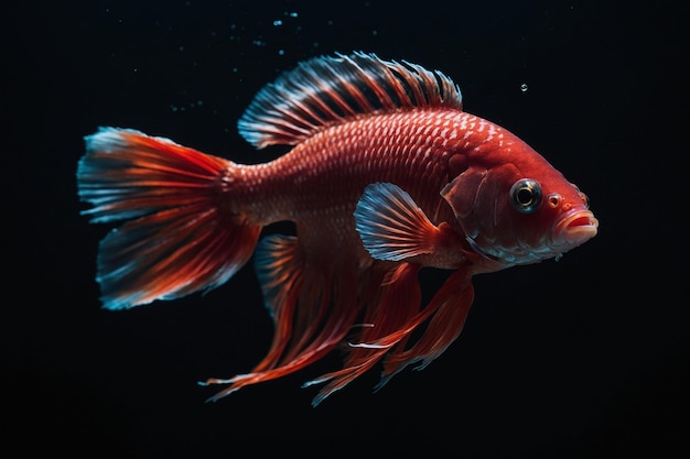 un pez rojo con una franja azul y una franja blanca está nadando en un tanque oscuro