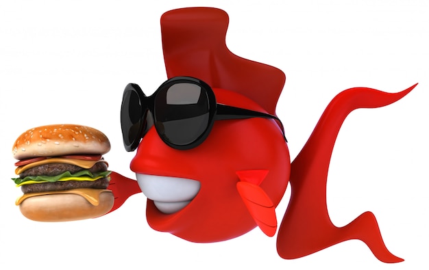 pez rojo ilustrado divertido que sostiene una hamburguesa