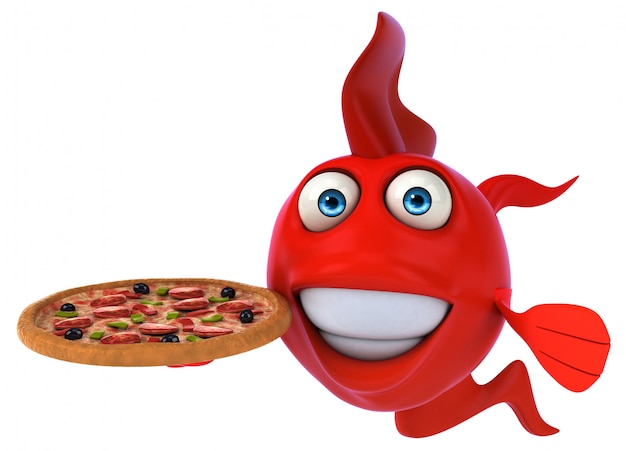 pez rojo ilustrado divertido que sostiene una pizza