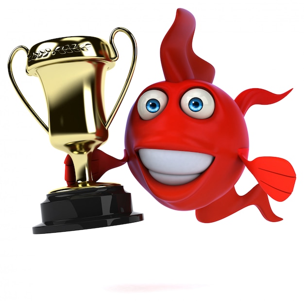 pez rojo ilustrado divertido que sostiene un trofeo