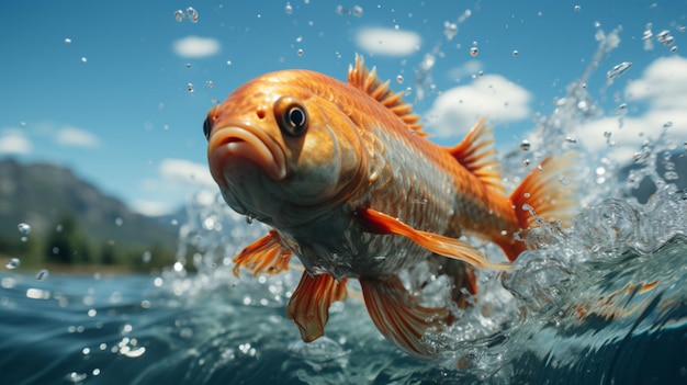 Foto el pez esta saltando fuera del agua