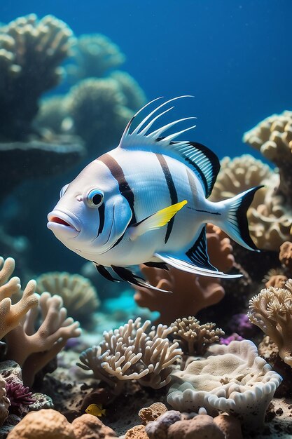 Foto pez sargento de cola de tijera refugiándose en el arrecife de coral en el mar