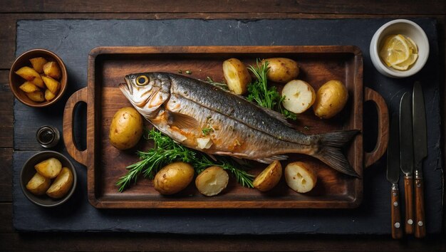 Foto un pez está en una tabla de cortar con patatas y patatas