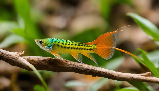 Foto un pez tropical verde y amarillo está en una rama