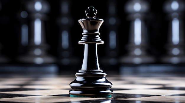 Peza de ajedrez negra y blanca sentada en la parte superior del tablero de ajedres IA generativa