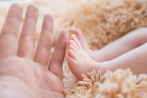 Pézinho na mão. Pai, segurando as pernas de um recém-nascido nas mãos. Mamãe cuida do bebê depois de tomar um banho. Pais para cuidar dos filhos. Saúde das crianças e família feliz