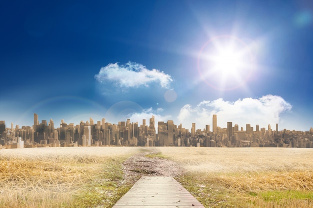 Pfad auf Gras mit Stadtbild auf Horizont