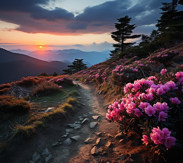 Pfad mit Blumen Bergabfahrt bei Sonnenuntergang Stylische Landschaft