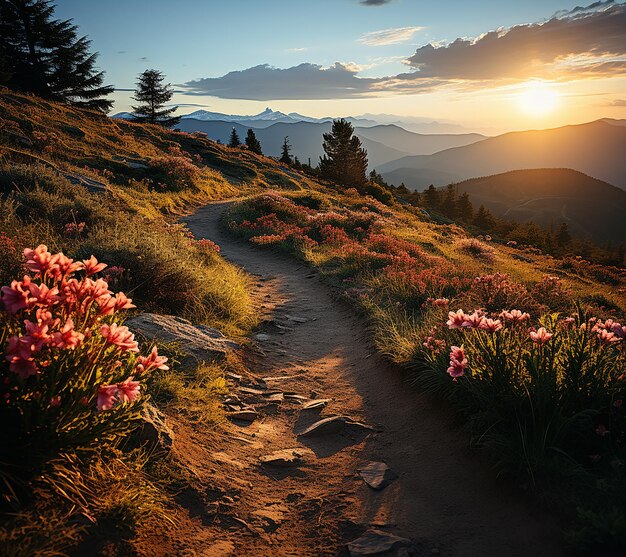 Pfad mit Blumen Bergabfahrt bei Sonnenuntergang Stylische Landschaft