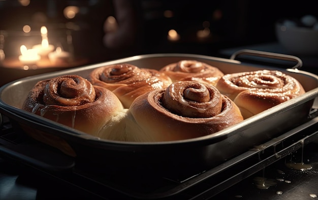 Foto pfanne mit leckeren zimtrollen im ofen gebacken professionelles essen foto ai generiert