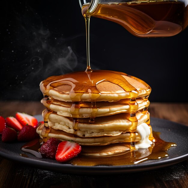 Pfannkuchen gegossen Sirup von oben