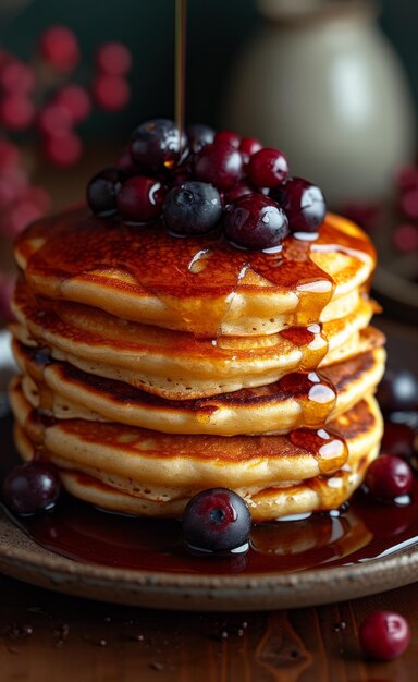 Pfannkuchen mit Beeren und Honig auf dem Teller