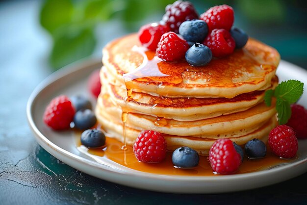 Pfannkuchen mit Blueberriesirup und Himbeeren oben