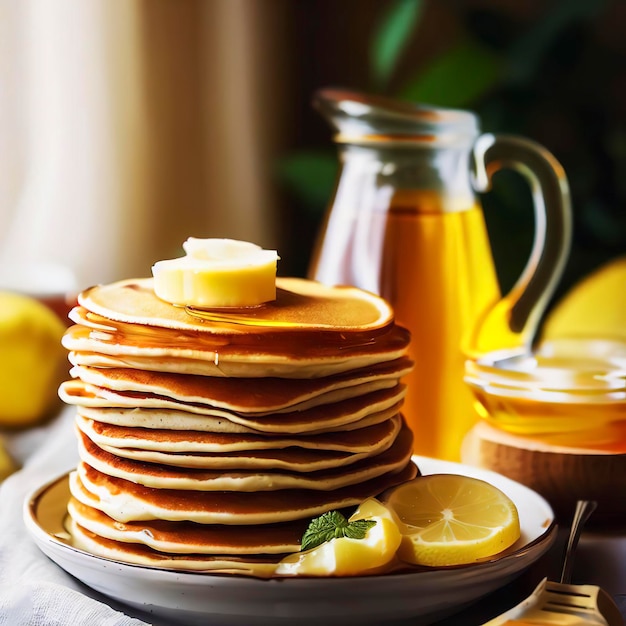 Pfannkuchen mit Butter und Honig und Zitronentee zum selektiven Frühstück