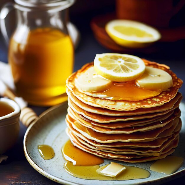 Pfannkuchen mit Butter und Honig und Zitronentee zum selektiven Frühstück