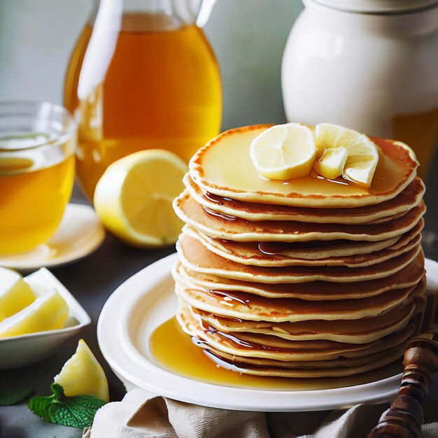 Pfannkuchen mit Butter und Honig und Zitronentee zum selektiven Frühstück