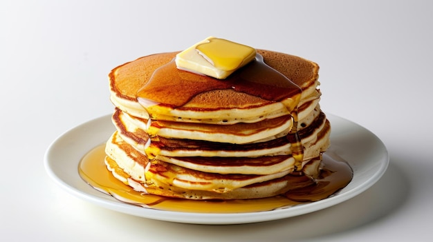 Pfannkuchen mit Butter und Honigsirup auf dem weißen Teller, das auf einem weißen Hintergrund isoliert ist