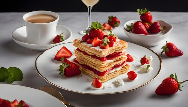 Pfannkuchen mit Erdbeeren und eine Tasse Kaffee