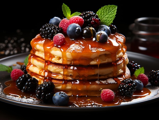 Pfannkuchen mit Erdbeeren und Sirup auf dunklem Hintergrund