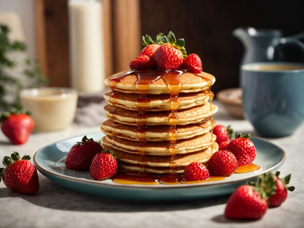 Pfannkuchen mit Erdbeeren und Sirup auf einem Teller