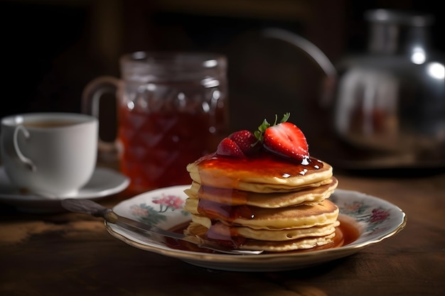 Pfannkuchen mit Erdbeermarmelade und einer Tasse Tee