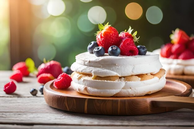 Pfannkuchen mit Früchten und Beeren auf einem Holzteller